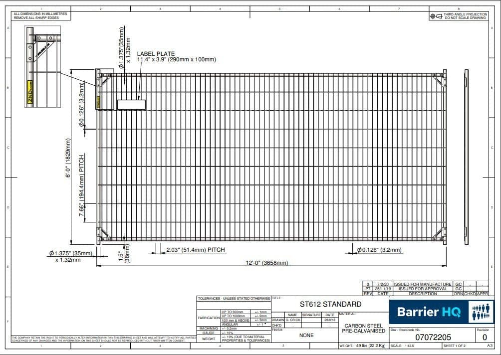 Technical specification drawing for 6 by 12 temporary welded mesh fence panel